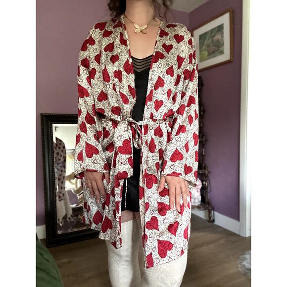 Vintage Victoria's Secret M/L 100% Silk Robe Gold Label Red White Hearts - Picture 3 of 9